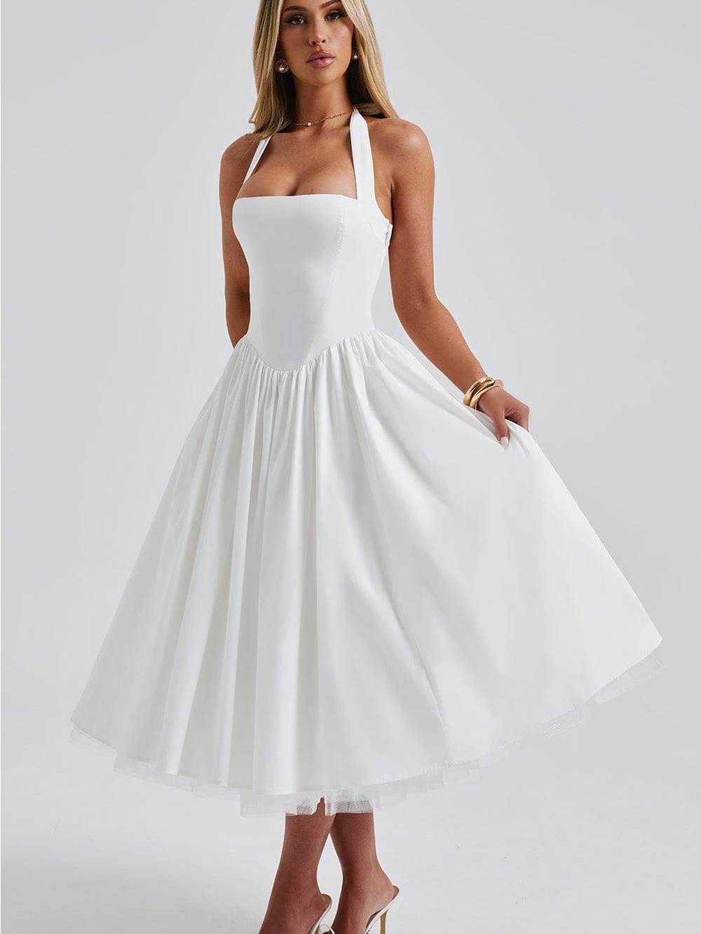 Babyboo Cressida Midi Dress ivory Classic White Halter Fit-and-Flare Dress - Picture 2 of 3